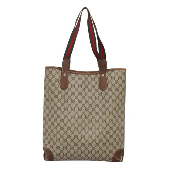 GUCCI GG Supreme Web Sherry Line Tote Bag PVC Beige 41 004 4465 Auth ti2974 - Picture 2 of 16